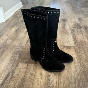 Vera Wang Lavender Label Suede Studded Almond Toe Calf Length Block Heel Boots